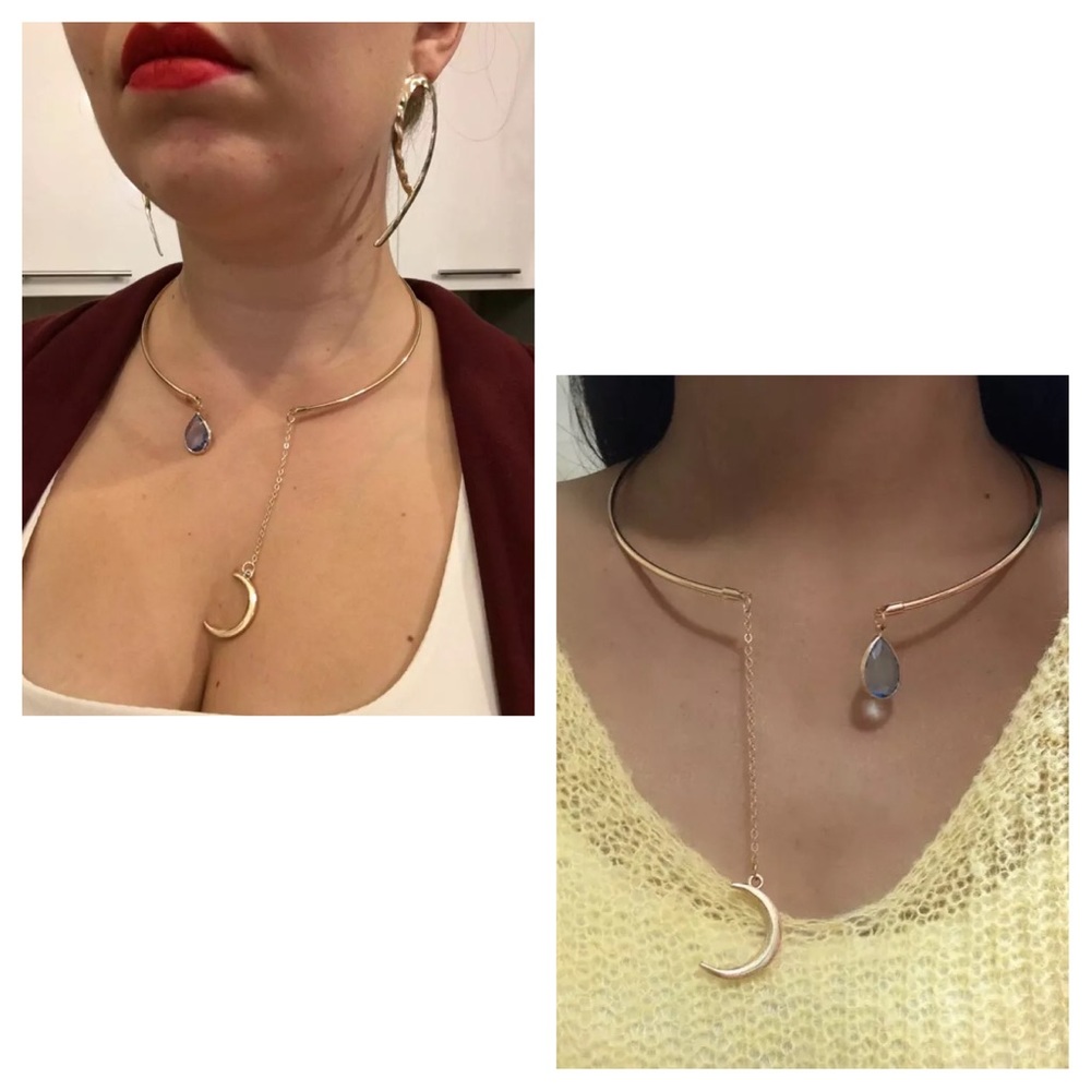 Beautiful Crystal Moon and Aquamarine Gold Choker Necklace - Picture 4 of 13